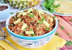 Slow Cooker Pineapple Pulled Pork with Pineapple BBQ Sauce ~ use on tacos, quesadillas, pizza, nachos, and more! | FiveHeartHome.com