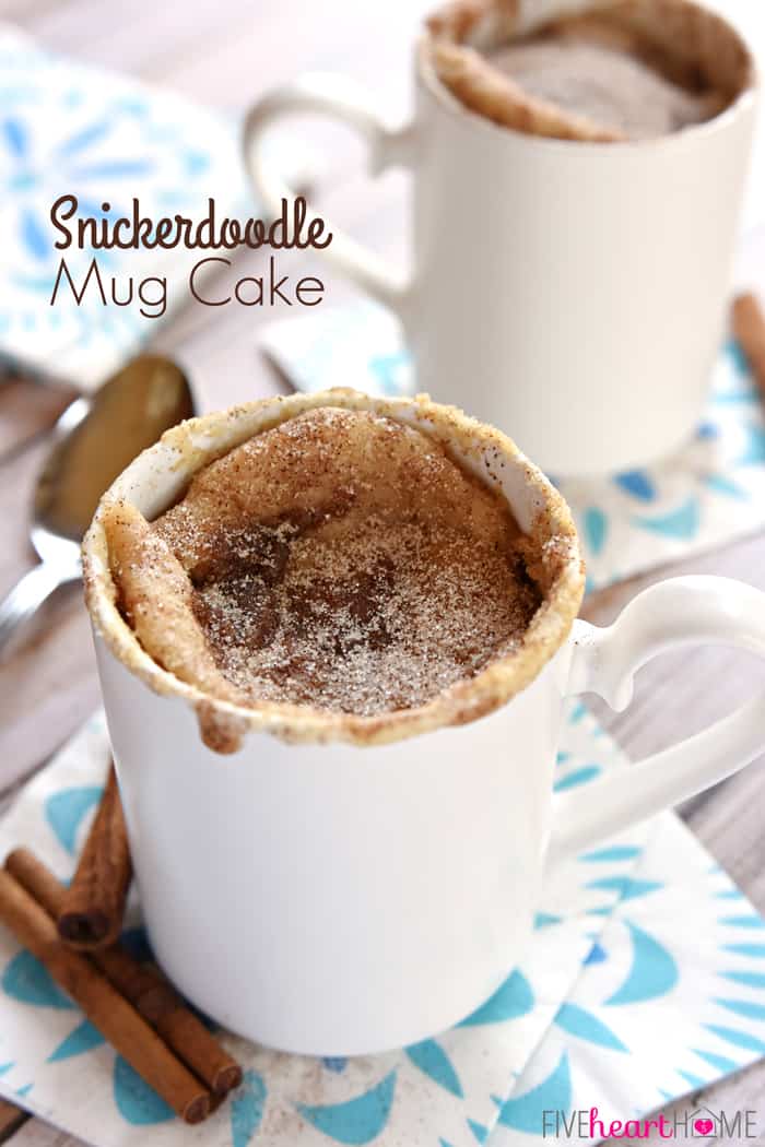 Snickerdoodle Mug Cake ~ bakes up in the microwave in just one minute, yielding a warm, cinnamon-sugary treat that will satisfy any sweet tooth! | FiveHeartHome.com