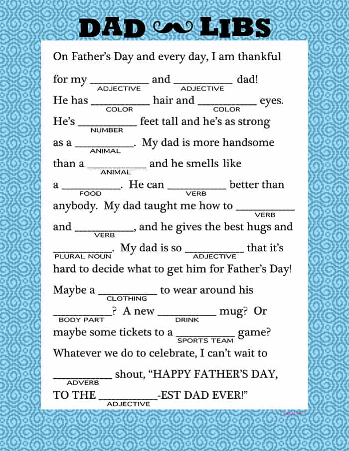 Dad Libs ~ a fun, free printable to celebrate your favorite dad on Father's Day! | FiveHeartHome.com