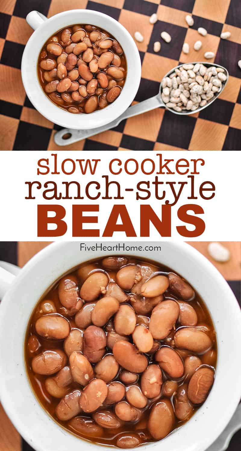 Slow Cooker Ranch Style Beans ~ pinto beans cooked in the crock pot for simple, versatile, delicious ranch beans that are great as a summer side dish with BBQ! | FiveHeartHome.com via @fivehearthome