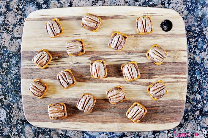 Aerial view of Rolo Pretzel Turtles on a cutting board