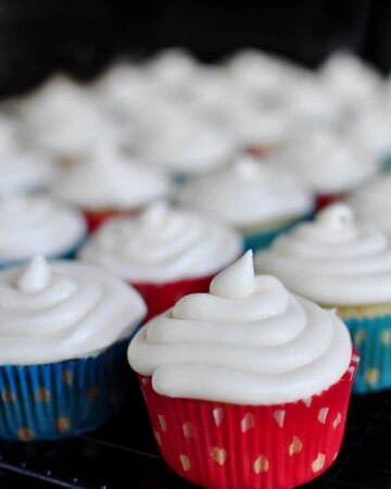 Close-up of Vanilla Texas Sheet Cake Cupcakes with Cream Cheese Frosting.