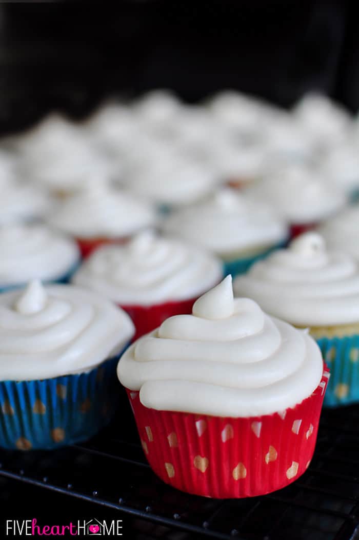 Close-up of Vanilla Texas Sheet Cake Cupcakes with Cream Cheese Frosting.