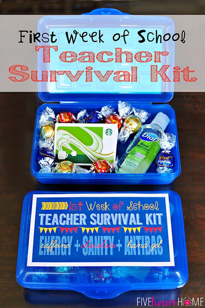 First Week of School Teacher Survival Kit Gift FREE PRINTABLE ~ Energy (caffeine) + Sanity (chocolate) + Antibacterial Hand Gel | {Five Heart Home}