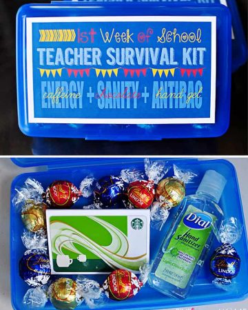 First Week of School Teacher Survival Kit Gift FREE PRINTABLE ~ Energy (caffeine) + Sanity (chocolate) + Antibacterial Hand Gel | {Five Heart Home}