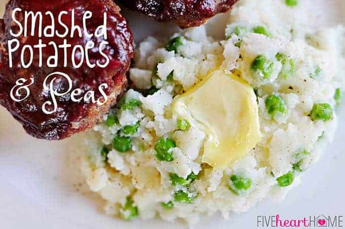 Mashed Potatoes and Peas ~ this recipe smashes bright green peas into creamy mashed potatoes for a tasty twist on two classic side dishes! | FiveHeartHome.com via @fivehearthome