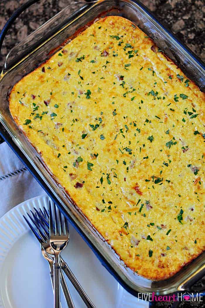 Aerial View Cheesy Ham and Grits Breakfast Casserole