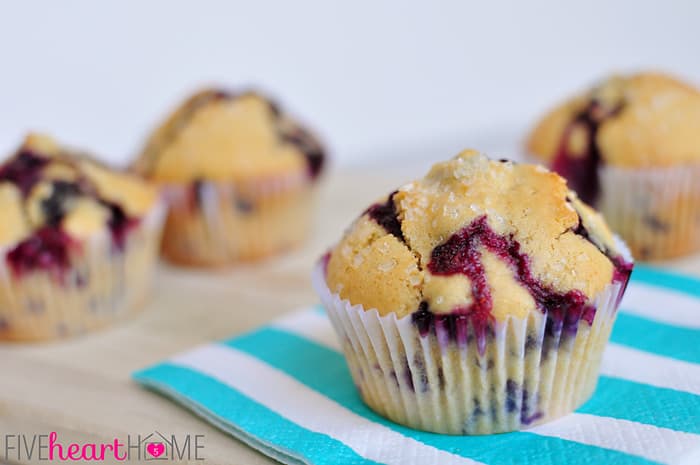 Classic Blueberry Muffins ~ these tender muffins are the BEST...bursting with berries and easy to make for a yummy breakfast or snack! | FiveHeartHome.com Blueberry Muffins on a table