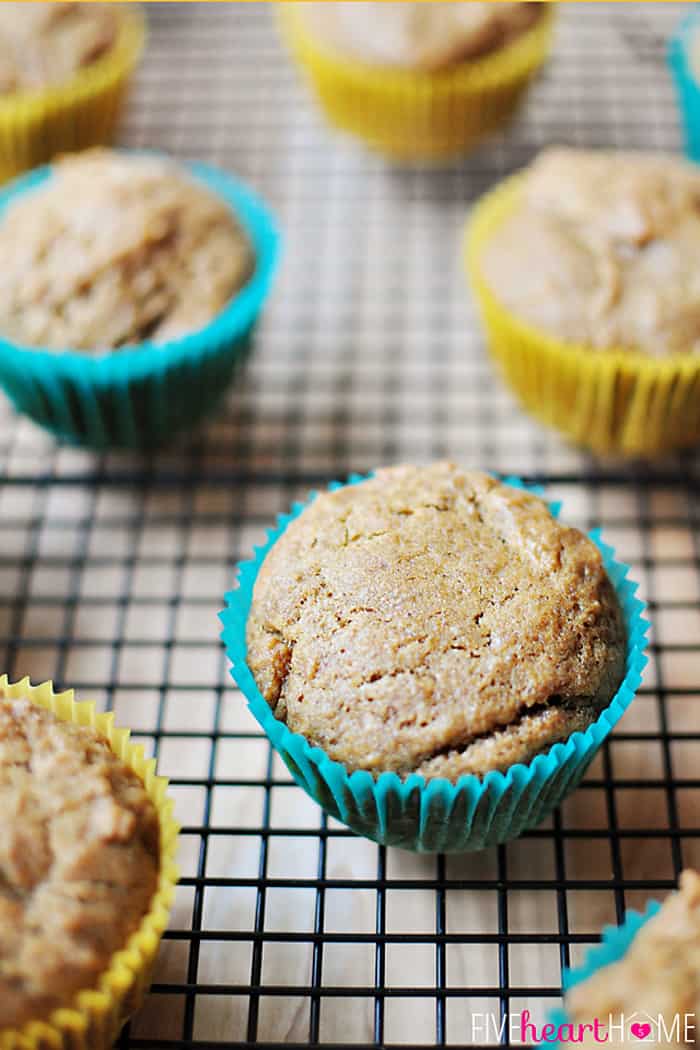 {Dairy-free, Egg-free} Spiced Applesauce Muffins on a cooling rack