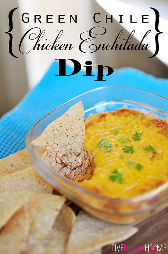 Chicken Enchilada Dip ~ a creamy, zesty dip loaded with chicken, cream cheese, cheddar, green chiles, and seasonings for a melty, delicious, gameday snack! | FiveHeartHome.com via @fivehearthome