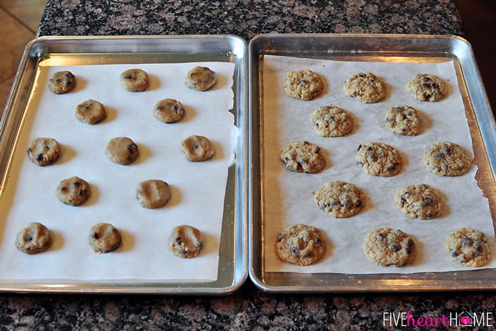 Two pans of cookies made with Cookie Mix, one unbaked and one baked.