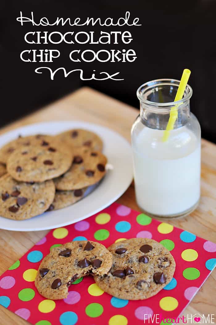 Homemade Chocolate Chip Cookie Mix ~ an easy pantry mix for whipping up delicious chocolate chip cookies from scratch. Just add butter, eggs, & vanilla for fresh, warm cookies in a flash! | FiveHeartHome.com via @fivehearthome