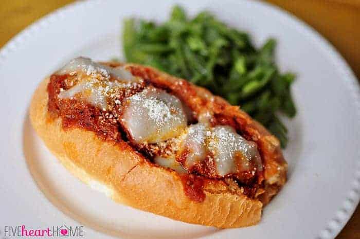Meatball Sub recipe on a plate with green beans