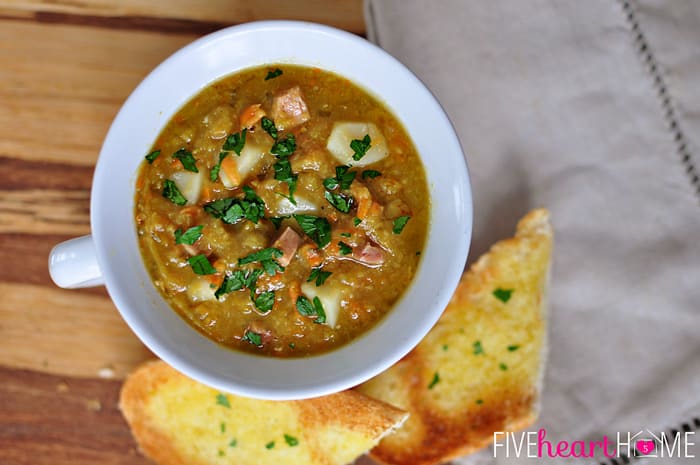 Aerial View of Hearty Yet Light Slow Cooker Split Pea Soup 