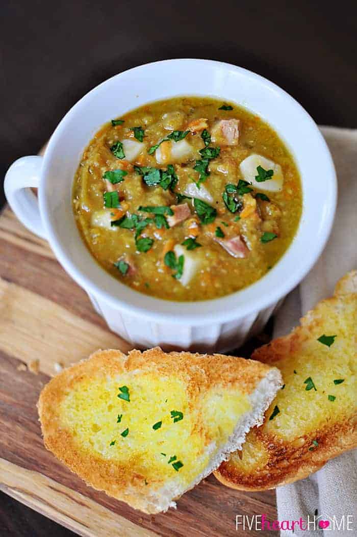 Slow Cooker Split Pea Soup ~ your crock pot does all the work for this warm and comforting soup, made hearty (but not heavy) by the addition of diced ham, potatoes, and carrots | {Five Heart Home}