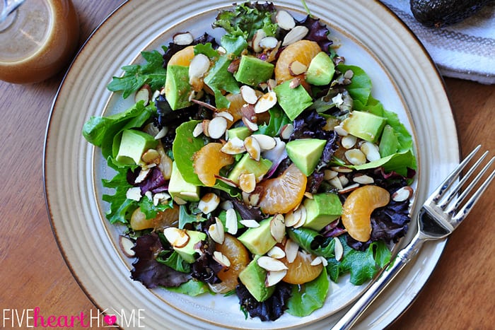 Aerial shot of Salad with Sesame Vinaigrette Dressing on a plate.