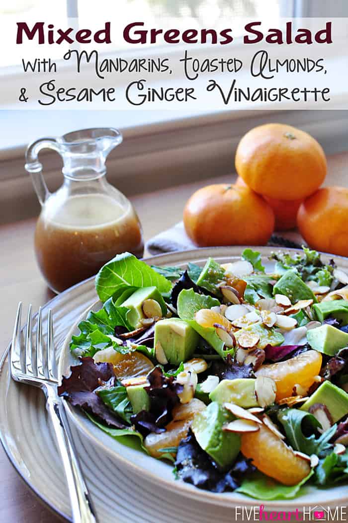 Asian Salad with Sesame Ginger Vinaigrette ~ features mixed greens topped with sweet orange segments, crunchy almonds, creamy avocado chunks, and an Asian salad dressing that's bursting with flavors of ginger, garlic, sesame, soy sauce, rice vinegar, and honey! | FiveHeartHome.com via @fivehearthome