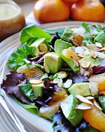 Mixed Greens Salad with Mandarins, Toasted Almonds, Avocado, and Sesame Ginger Vinaigrette | {Five Heart Home}