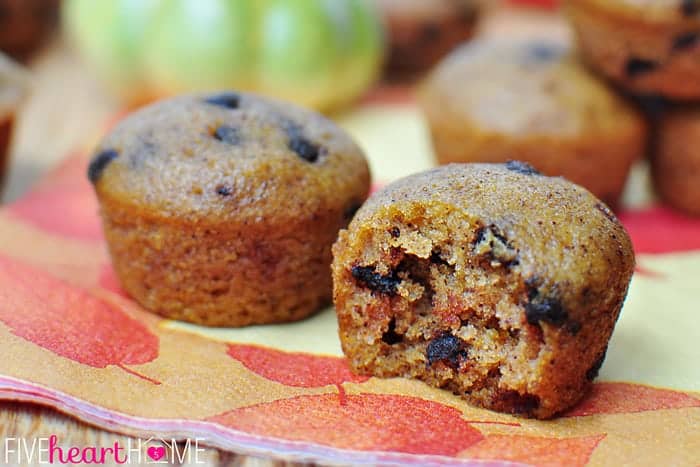 Pumpkin Chocolate Chip Muffins on colorful fall napkin.