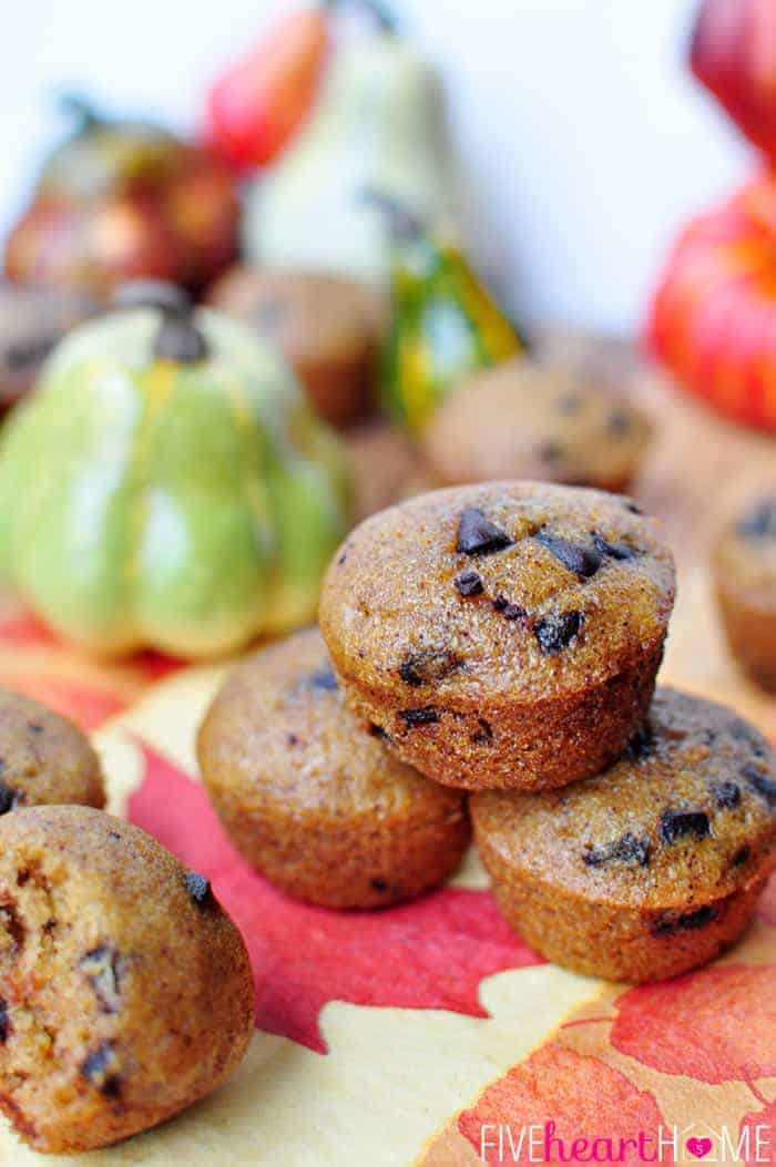 Stack of Pumpkin Chocolate Chip Bread Muffins.