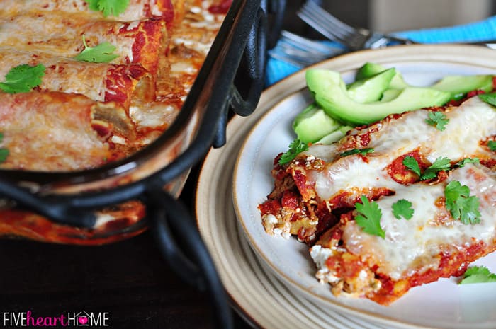 Creamy Chicken Enchiladas in dish an on plate.