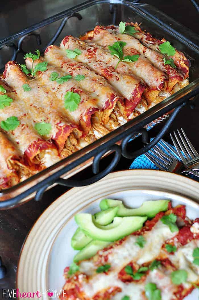 Creamy Chicken Enchiladas in baking dish and on plate.