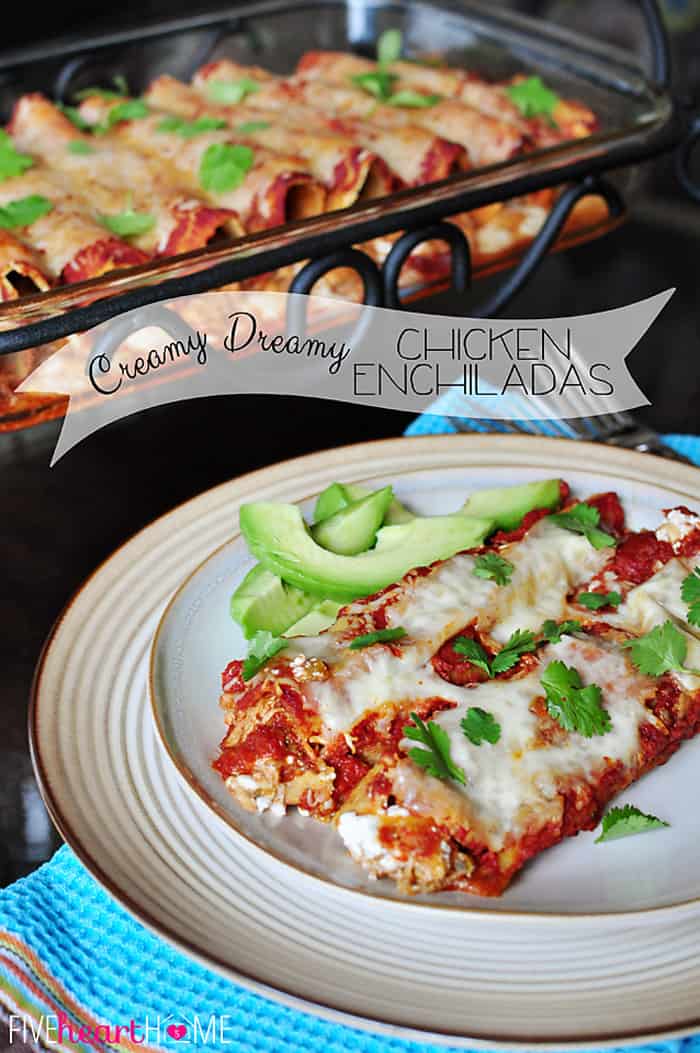 Creamy Chicken Enchiladas ~ you'll never guess the secret ingredient that sets this chicken recipe apart from all of the others! | FiveHeartHome.com via @fivehearthome