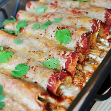 Pan of Creamy Chicken Enchiladas.