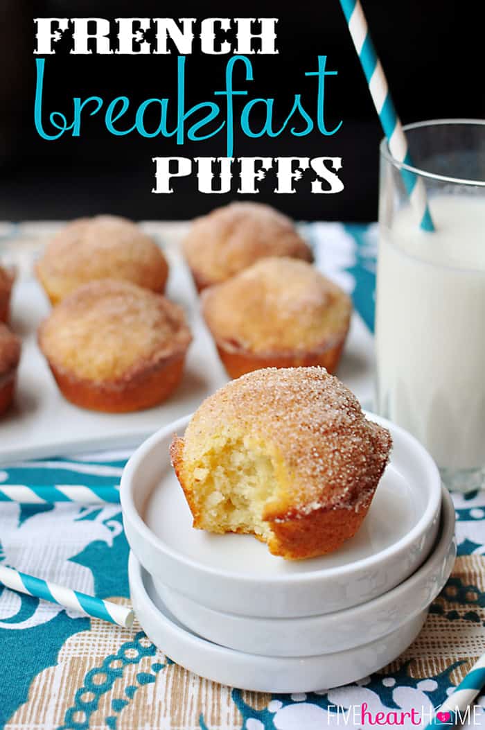 French Breakfast Puffs ~ tender vanilla muffins are drenched in melted butter and dipped in cinnamon sugar for a sweet and crunchy coating that makes breakfast time a treat! | FiveHeartHome.com