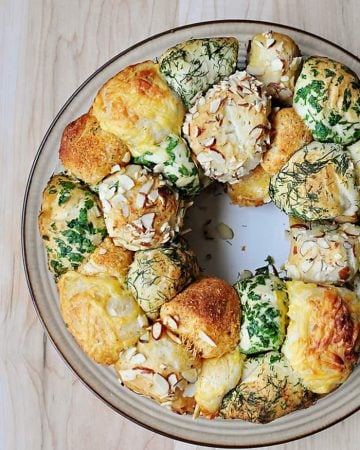 Aerial view of Savory Herb and Cheese Monkey Bread on a platter