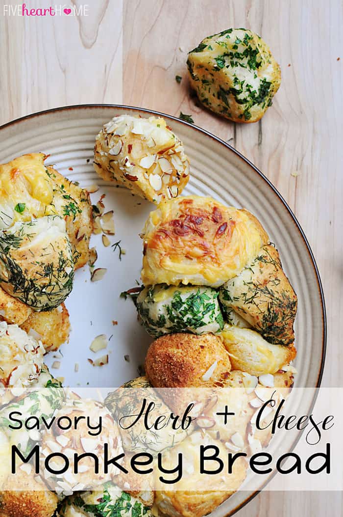 Savory Herb and Cheese Monkey Bread ~ quick and easy, made with refrigerated biscuits, festive for the holidays, from Thanksgiving to Christmas to Easter | {Five Heart Home}