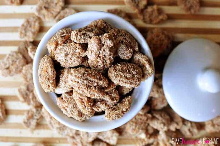 Aerial view of Cinnamon Sugar Pecans overflowing bowl.