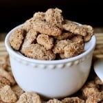 White bowl of Cinnamon Sugar Pecans.