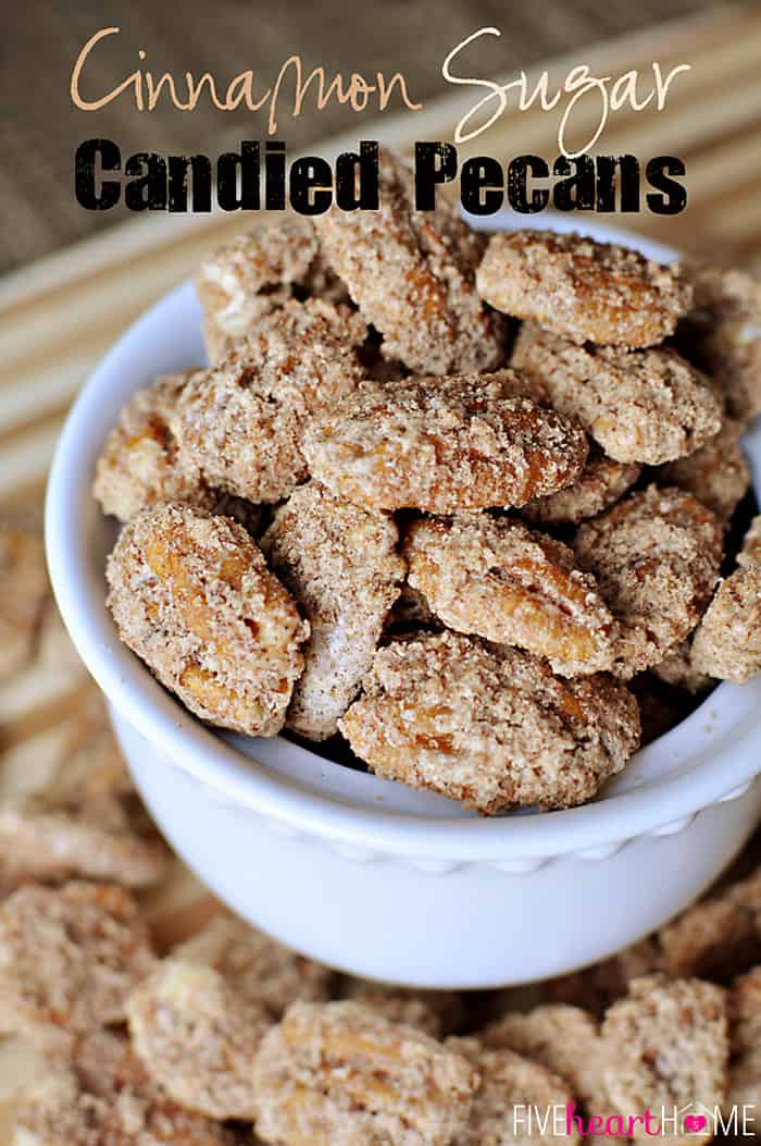 Cinnamon Sugar Pecans ~ with a crunchy, sweet coating, these candied pecans are perfect for snacking, dressing up a salad, or holiday gift giving! | FiveHeartHome.com via @fivehearthome