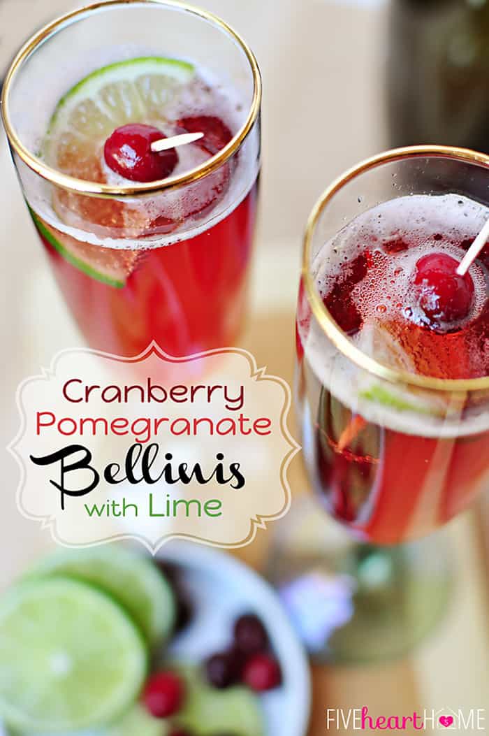 Cranberry Pomegranate Bellinis with Lime, with text overlay.