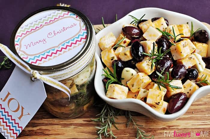 Marinated Cheese & Olives in a jar and a bowl.