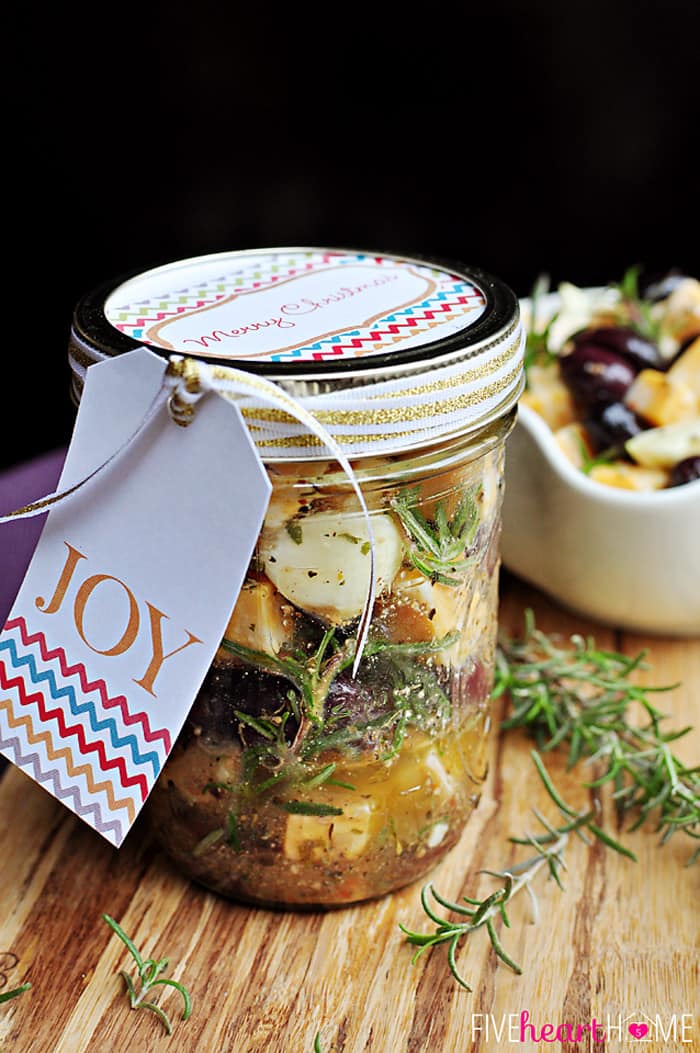 Marinated Cheese in a jar with gift tag.