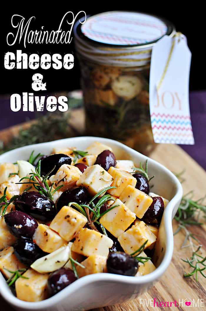 Marinated Cheese and Olives with text overlay.