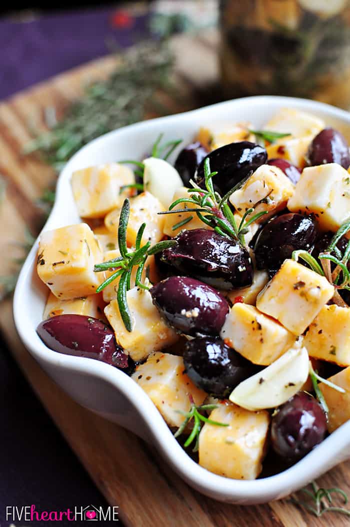 Marinated Cheese and Olives ~ a quick party appetizer or easy food gift in a jar | {Five Heart Home}