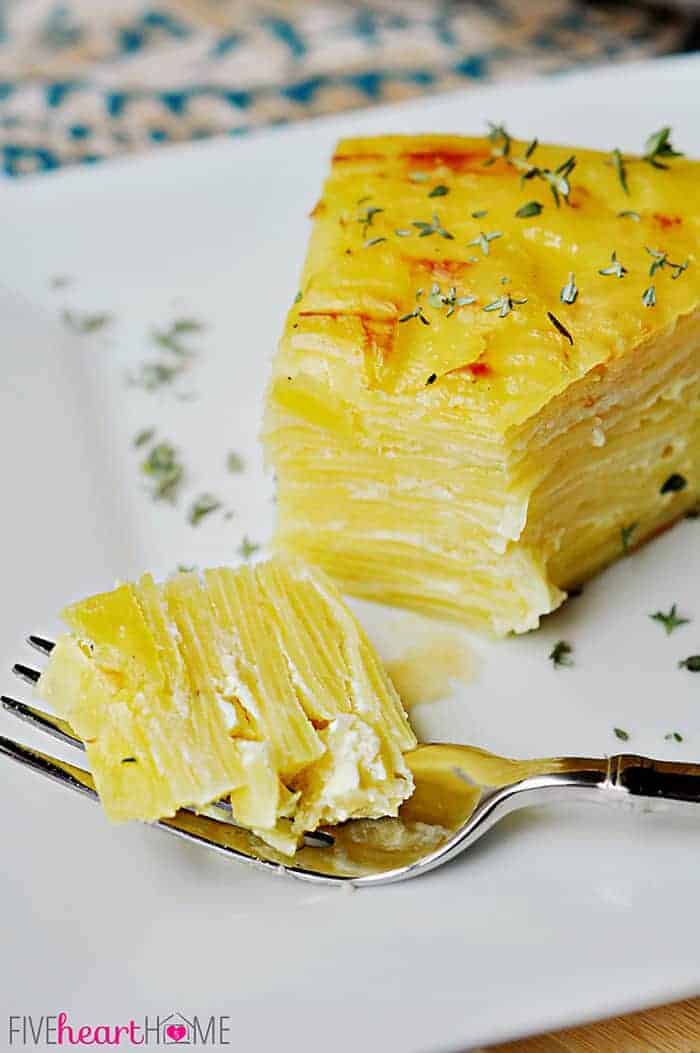 Scalloped Potato Flan with Gruyère and Garlic ~ served overturned and sliced for an elegant presentation | {Five Heart Home} via @fivehearthome