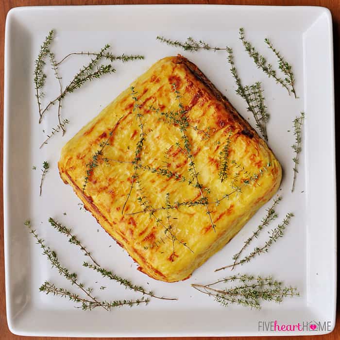 Aerial View on White Square Platter Garnished with Fresh Thyme 