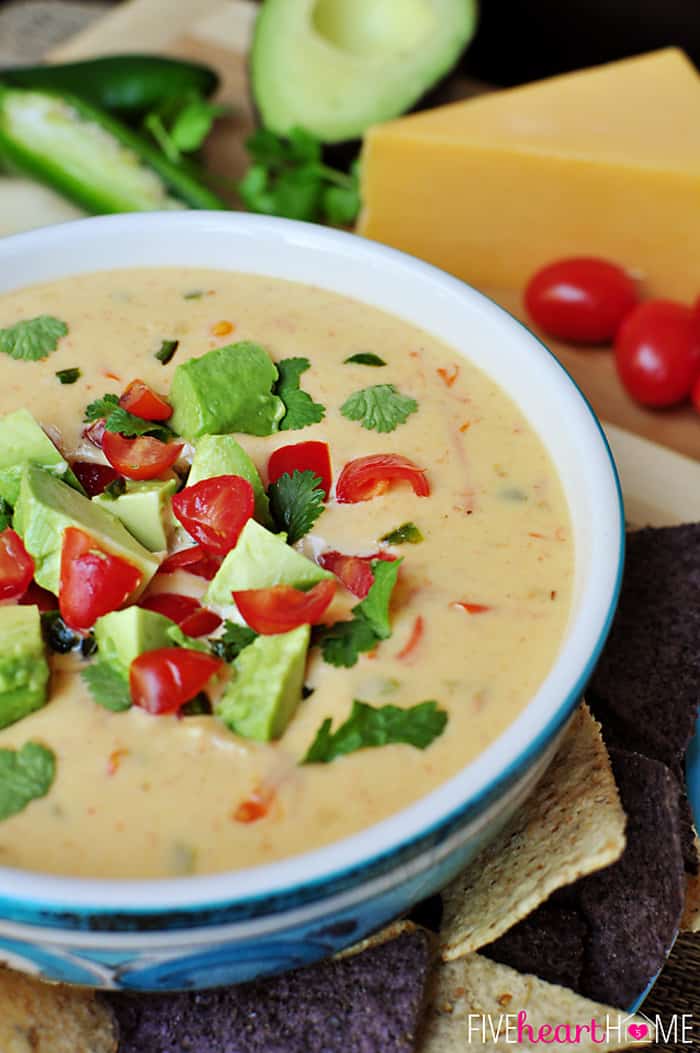 Cheddar and Sour Cream Queso ~ instead of processed cheese, this creamy dip boasts loads of flavor from all natural ingredients | fivehearthome.com via @fivehearthome