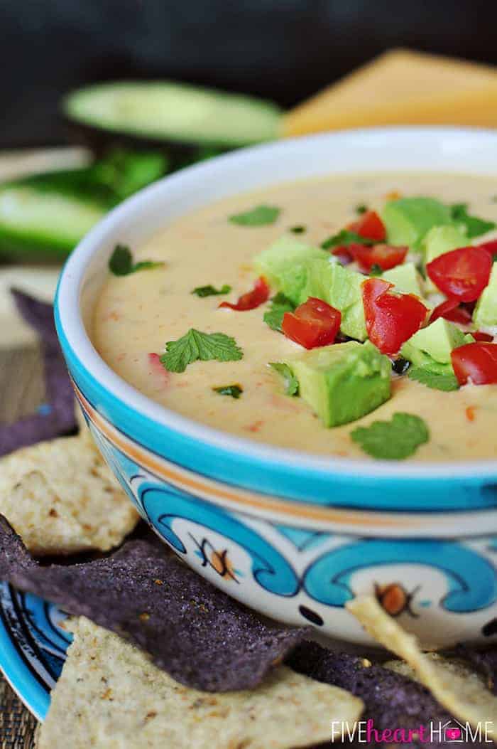 Cheddar and Sour Cream Queso ~ instead of processed cheese, this creamy dip boasts loads of flavor from all natural ingredients | {Five Heart Home}