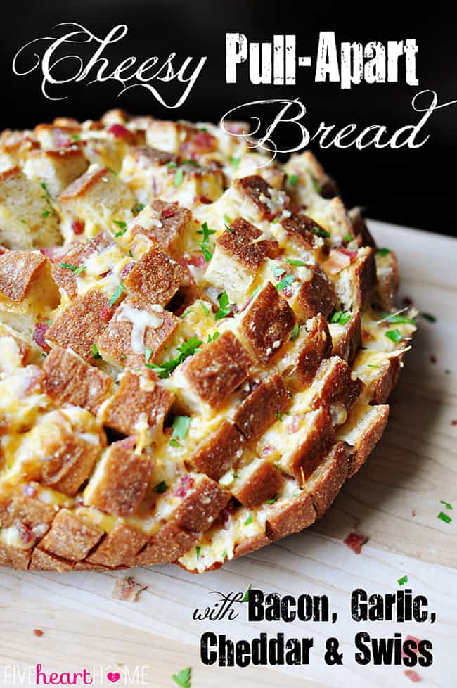 Cheesy Pull-Apart Bread ~ drenched with garlic butter and stuffed with cheddar, Swiss, and bacon, this decadent and loaded Cheesy Pull-Apart Bread will be the star of your Super Bowl party or any gathering! | FiveHeartHome.com via @fivehearthome