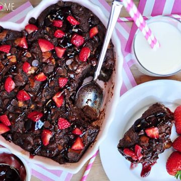 Chocolate Bread Pudding with Raspberry Sauce ~ warm, decadent dessert for your favorite chocoholic! Recipe includes a variation for Kahlua Chocolate Bread Pudding | FiveHeartHome.com