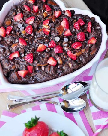 Chocolate Bread Pudding with Raspberry Sauce ~ warm, decadent dessert for your favorite chocoholic! Recipe includes a variation for Kahlua Chocolate Bread Pudding | FiveHeartHome.com