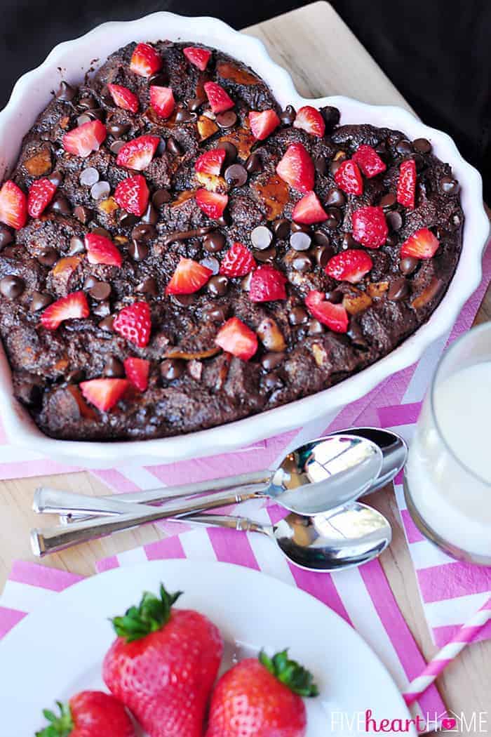 Chocolate Bread Pudding with Raspberry Sauce in a Heart Shaped Dish