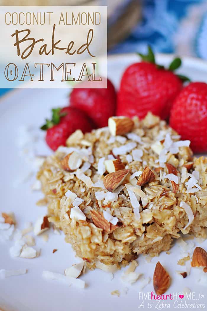 Coconut Almond Baked Oatmeal ~ a warm, nourishing breakfast that can be baked ahead of time and reheated on busy mornings! | FiveHeartHome.com via @fivehearthome