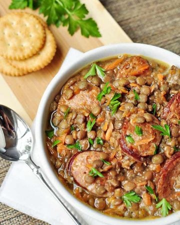 Slow Cooker German Lentil Soup with Sausage | {Five Heart Home}