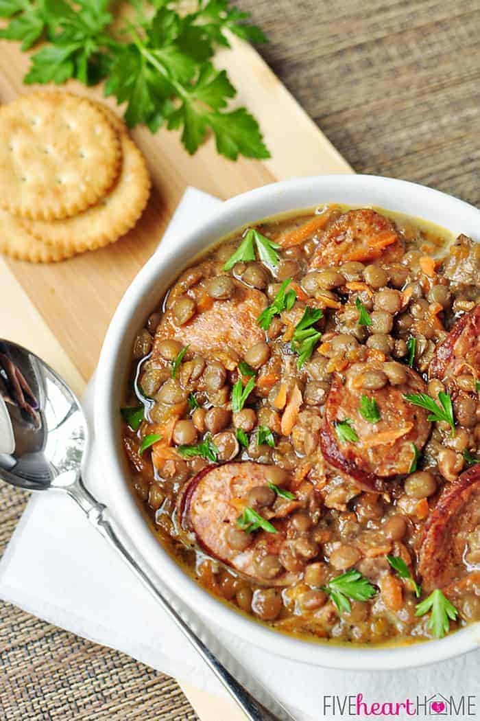 Slow Cooker German Lentil Soup with Sausage | {Five Heart Home}